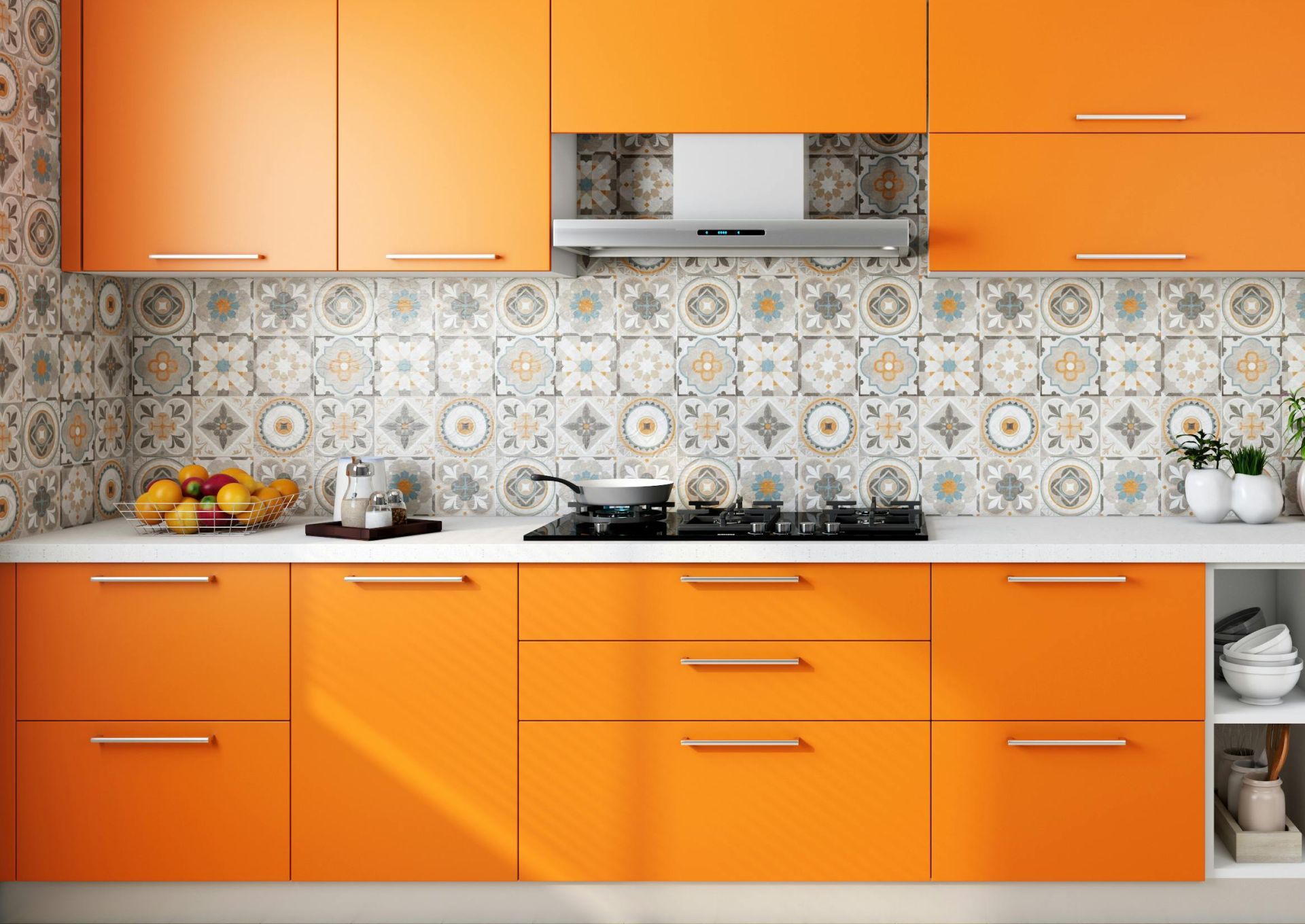 Vibrant orange kitchen with patterned tile backsplash and modern decor elements.