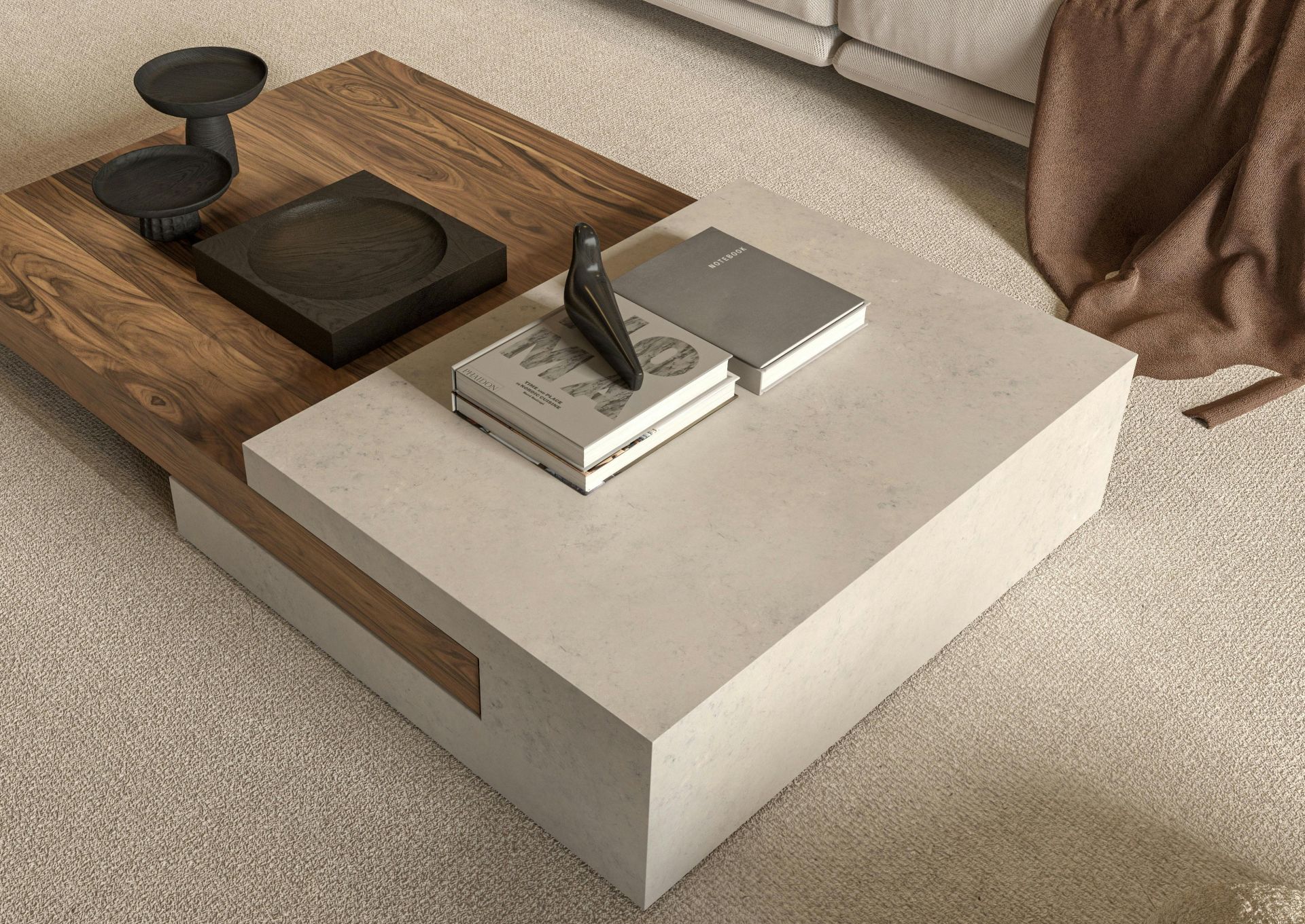 Elegant modern living room featuring a textured coffee table, cozy couch, and minimal decor.